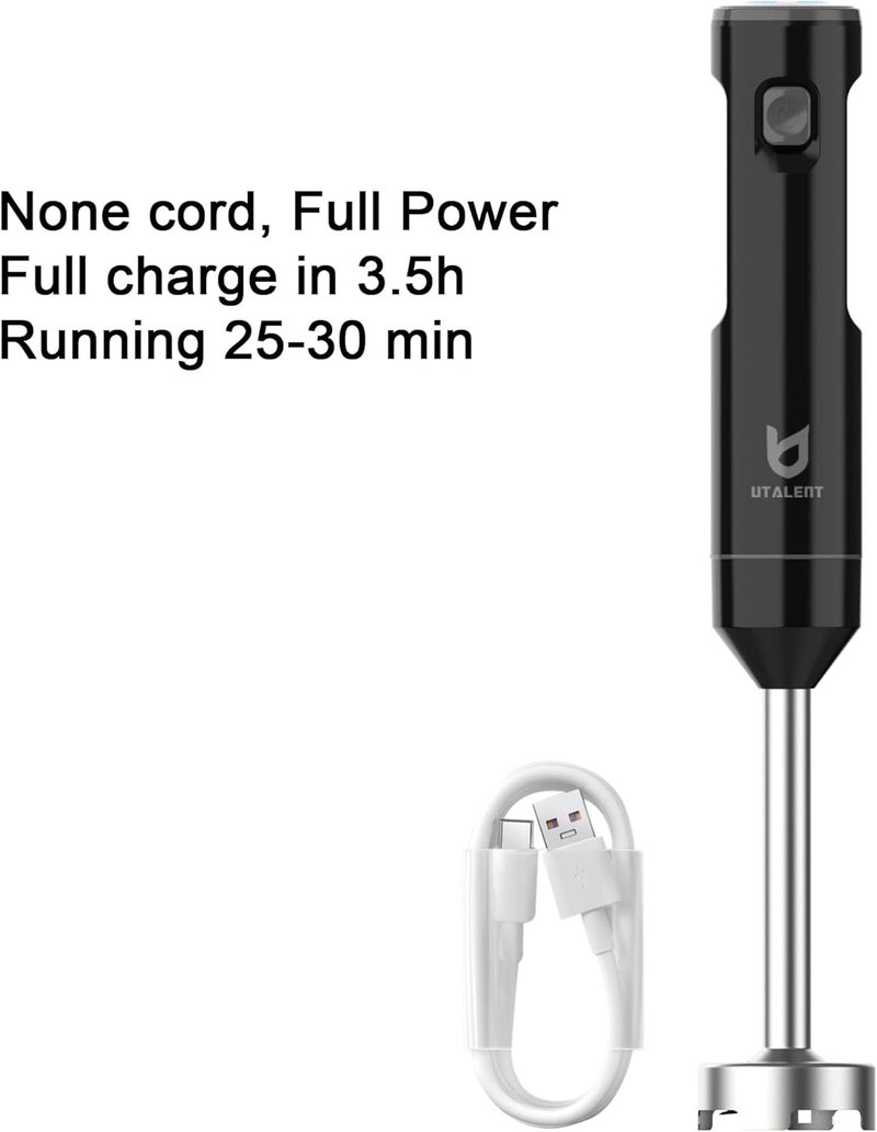 UTALENT Cordless Hand Blender, Variable Speed Immersion Blender Rechargeable, with 500ml Chopper, 600ml container, Egg Whisk, for Smoothies, Baby Food and Soups – Black - Image 2
